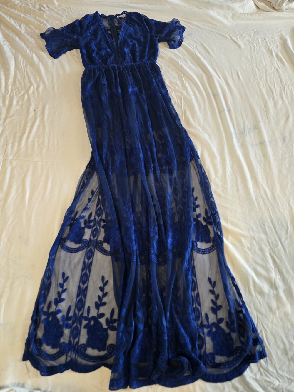 Royal Blue Sheer Lace Maxi Romper Dress L Boho Festival Whimsigoth